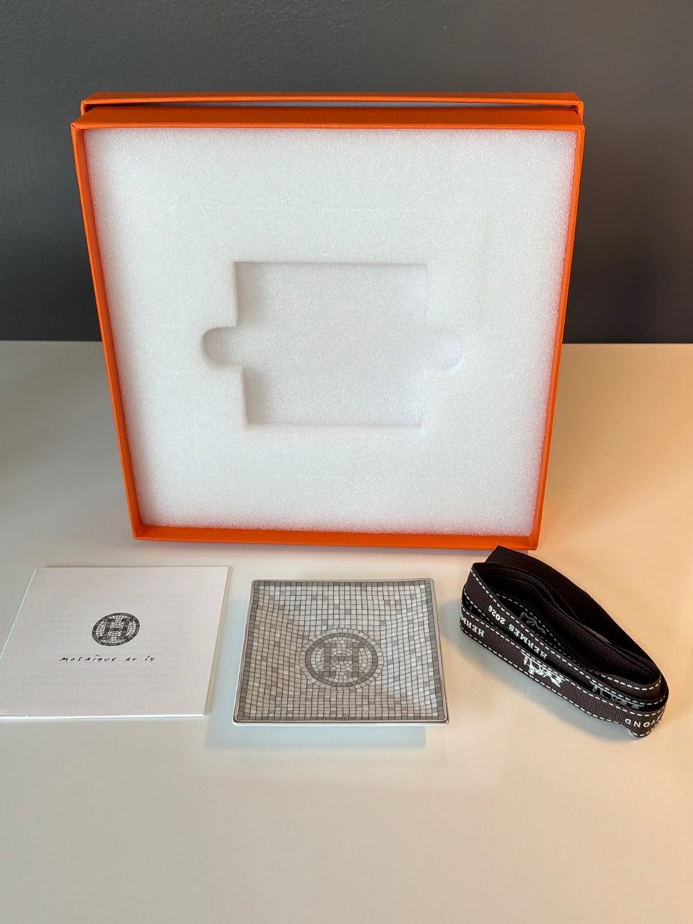 Hermès Small Glass Trinket Dish with Signature Ribbon and Box